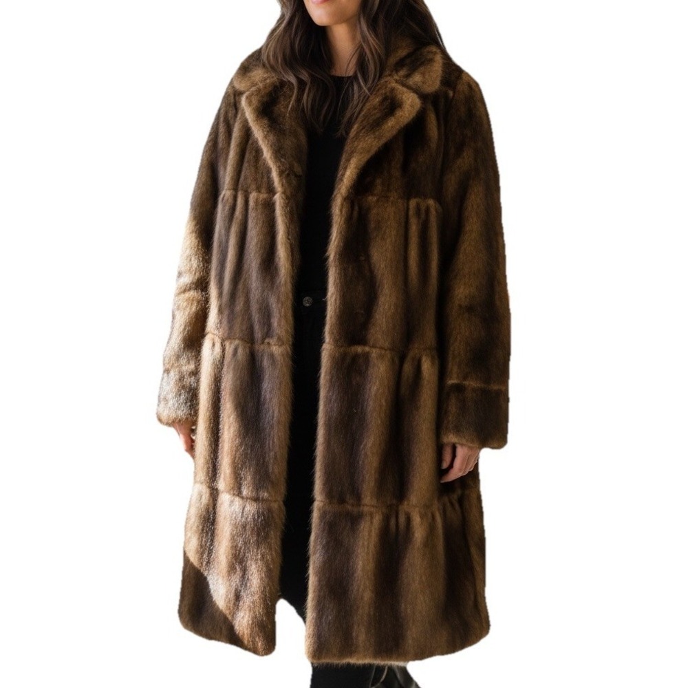 Pamela McCoy Faux Fur Mink Coat Brown Full Length Jacket Womens Size 1X Classy